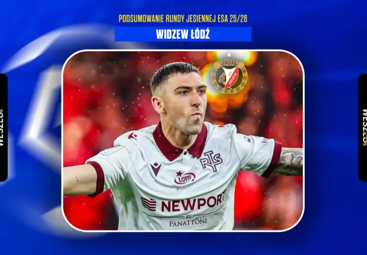 Piłkarz Widzewa Łódź w białej koszulce z bordowymi elementami, z herbem klubu na piersi. Podsumowanie rundy jesiennej ESA 25/26.
