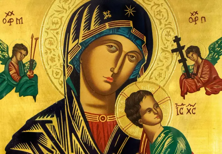 Ikona Matki Bożej z Dzieciątkiem, otoczona aniołami. W tle złoto, symbolizujące boskie światło. Paraklet, pocieszyciel, obecny w tej świętej scenie.