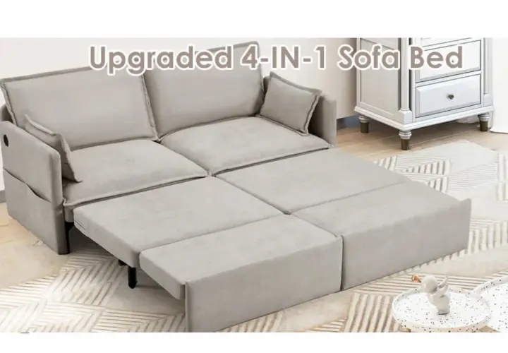 A light gray, 4-in-1 pull-out sofa bed is shown partially unfolded, revealing its versatile design.