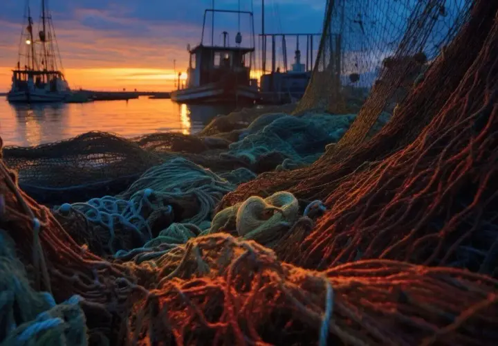 Redes de pesca apiladas al atardecer, listas para la pesca furtiva. Barcos en el puerto reflejan la luz anaranjada.