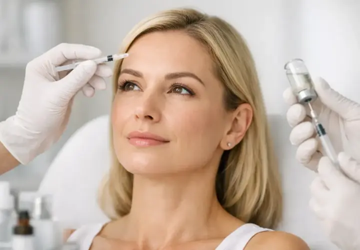 En kvinna får botox eller fillers i pannan. En hand med handske förbereder en injektion.