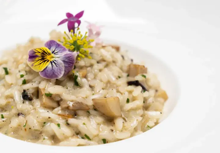 Un crémeux risotto aux champignons, garni de fleurs comestibles. Une belle idée de risotto pour un repas raffiné.