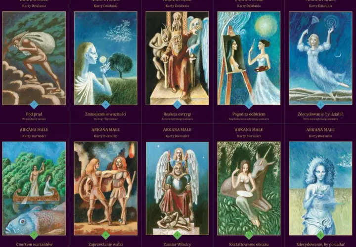 Karty zdrady tarot: mężczyzna z workiem na górze, kobieta z kwiatem, król z demonami, artystka malująca, kobieta w tańcu.
