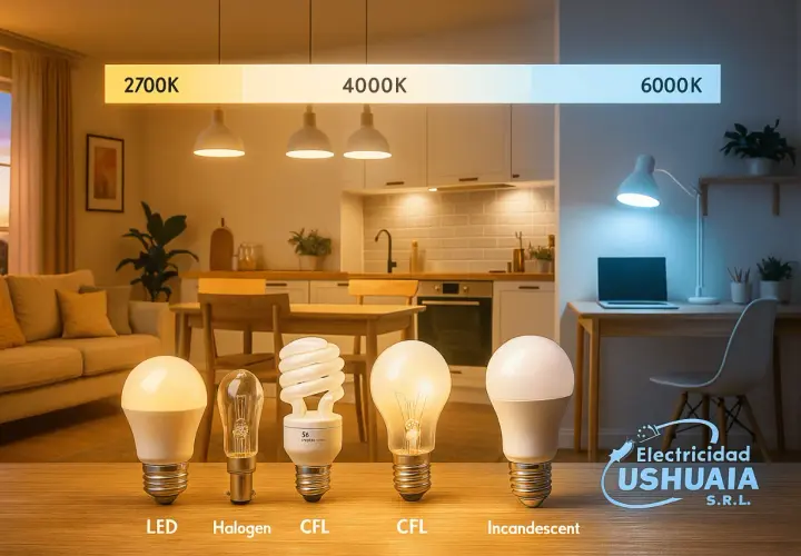 Comparativa de bombillas LED, halógena, CFL e incandescente, mostrando la unidad de flujo luminoso en diferentes temperaturas de color (2700K a 6000K).