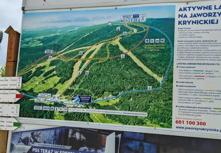 Mapa Jaworzyny Krynickiej z zaznaczonymi szlakami turystycznymi i rowerowymi. Najkrótszy szlak na Jaworzynę Krynicką jest oznaczony jako ścieżka edukacyjno-przyrodnicza.
