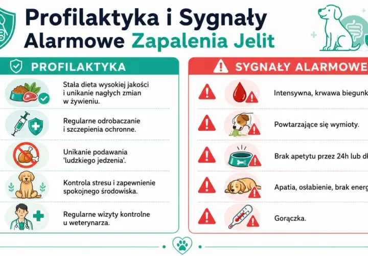 Profilaktyka i sygnały alarmowe zapalenia jelit u psa: biegunka, wymioty, brak apetytu, apatia, gorączka.