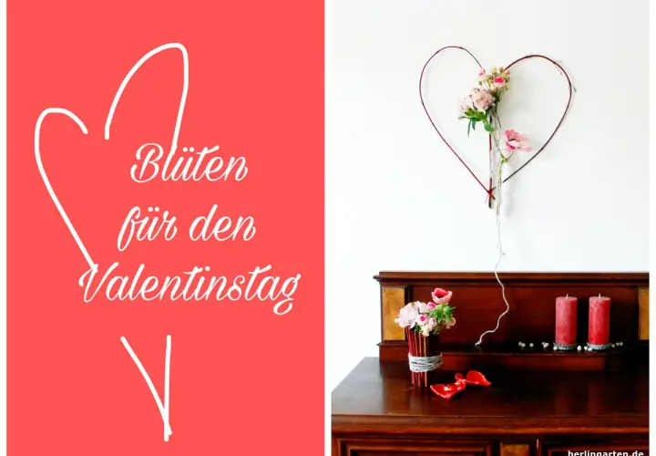 Blumen für den Valentinstag: Ein Herz aus Zweigen mit Blüten hängt über einem Holzmöbel mit Kerzen und Blumen.