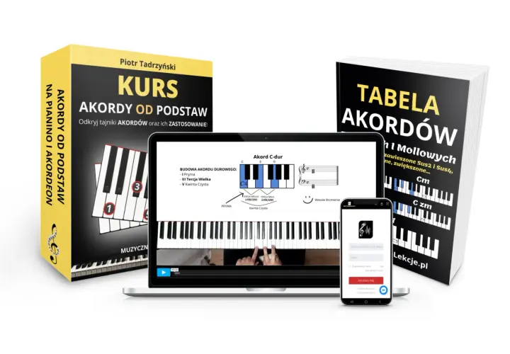 Kurs "Akordy od podstaw" i "Tabela akordów" na pianino i akordeon. Na ekranie laptopa widoczny akord C-dur.