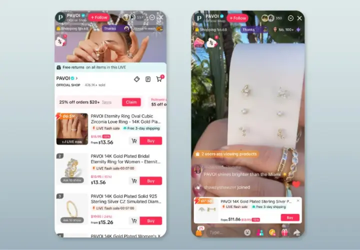 Jak zrobić live na TikToku? Zobacz, jak sprzedawcy prezentują biżuterię, oferując promocje i szybką wysyłkę.
