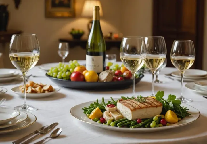 Un repas élégant avec du chablis et du foie gras, accompagné de fruits frais et d'un plat de poisson grillé.