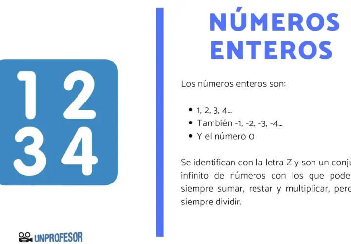Números enteros: 1, 2, 3, 4... y sus negativos, más el cero. La **regla de los signos** se aplica al operar con ellos.