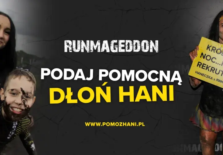 Ubrudzeni błotem uczestnicy Runmageddonu, w tym chłopiec i dwie kobiety, zachęcają do pomocy. Podaj pomocną dłoń Hani!