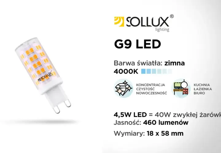 Żarówka LED G9 Sollux, 4.5W, zimna barwa 4000K. Zamiennik 40W żarówki halogenowej, idealna do kuchni, łazienki, biura.