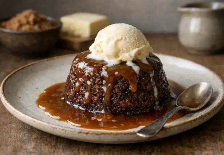 En läcker sticky toffee pudding med en kula vaniljglass och kolasås som rinner ner.