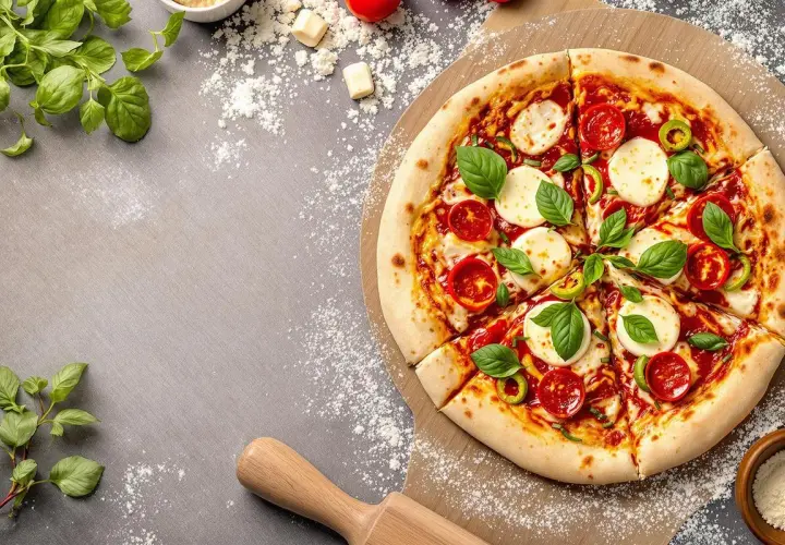 Une délicieuse pizza Margherita, fraîchement sortie du four, sur une planche à pizza. La pâte à pizza est dorée et garnie de tomates, mozzarella et basilic.
