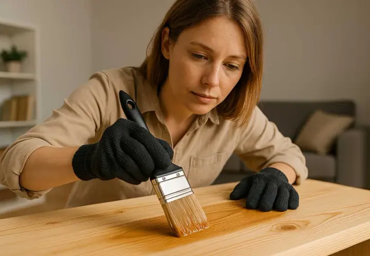 Donna con guanti neri applica vernice trasparente su un tavolo di legno, migliorando la sua quotazione.