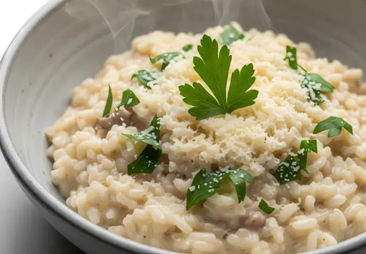 Un cremoso risotto ai funghi, mantecato con parmigiano e guarnito con prezzemolo fresco. Un piatto di riso in cagnone che profuma di casa.