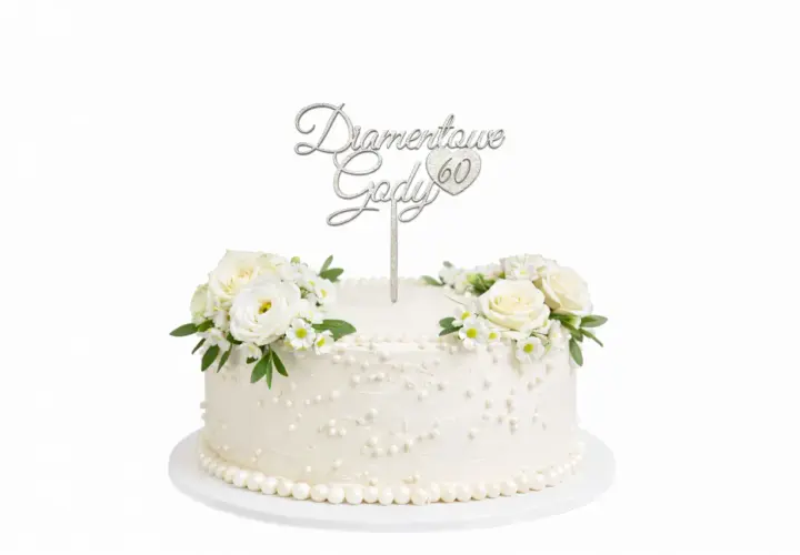 Elegancki tort ozdobiony białymi różami i napisem "Diamentowe Gody 60".