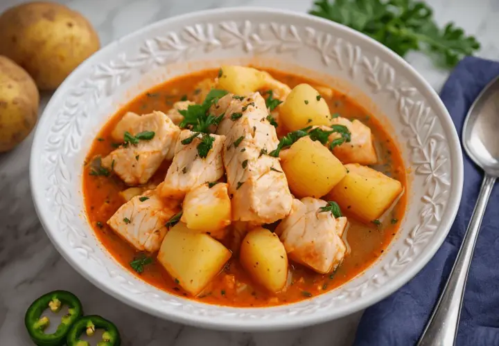 Un reconfortante plato de patatas con bacalao en una salsa rojiza, adornado con perejil fresco.
