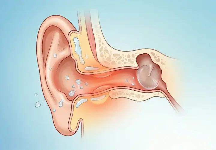 Illustration d'une oreille avec des gouttes d'eau, suggérant une otite du baigneur. Un remède de grand-mère pourrait aider.