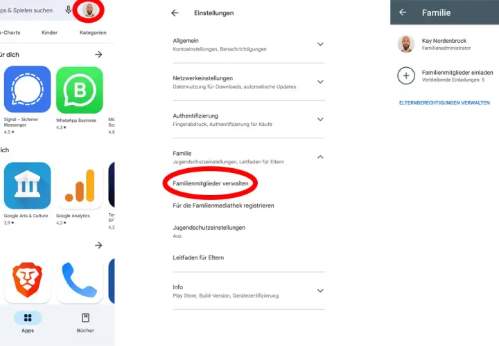 Google Play Store: Einstellungen für Familie und google speicherplatz teilen. Familienmitglieder verwalten und einladen.
