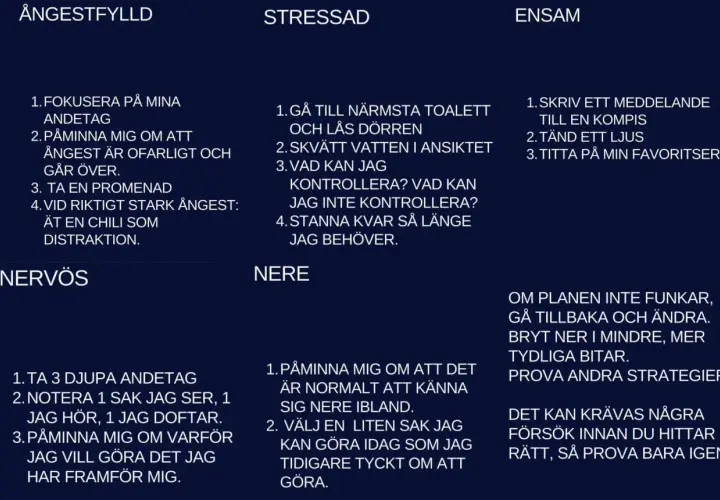Lista med strategier för att hantera ångest, stress och ensamhet. Kan hjälpa vid emotionell utmattning.