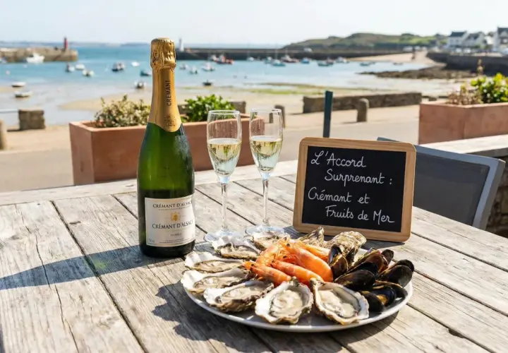 Bouteille de Crémant d'Alsace, deux verres, et une assiette de fruits de mer sur une table en bois, avec vue sur un port. Parfait avec une touche de vin blanc citron.