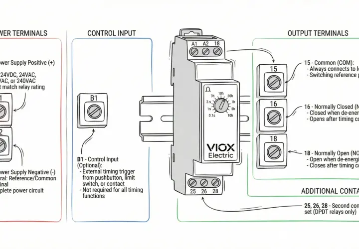 Schemat podłączenia przekaźnika czasowego VIOX Electric. Pokazuje wejścia zasilania, sterowania i wyjścia.
