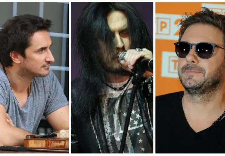 Trzech polscy piosenkarze lat 2000.: muzyk z gitarą, rockman z długimi włosami i wokalista w okularach.