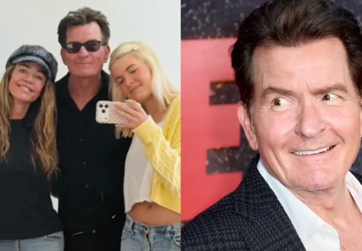 Charlie Sheen z żoną i córką robią selfie. Obok zbliżenie na uśmiechniętego aktora.