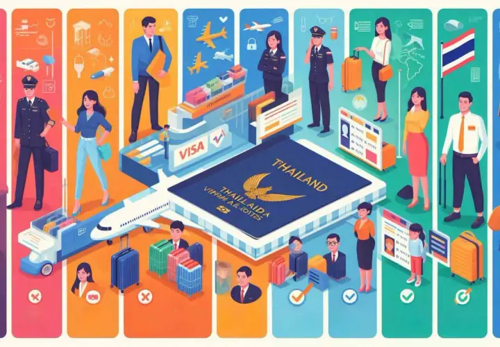Illustration zeigt Menschen, die für ein Thailand Visum reisen. Ein großes Reisepass-Symbol mit "Thailand" ist zentral.