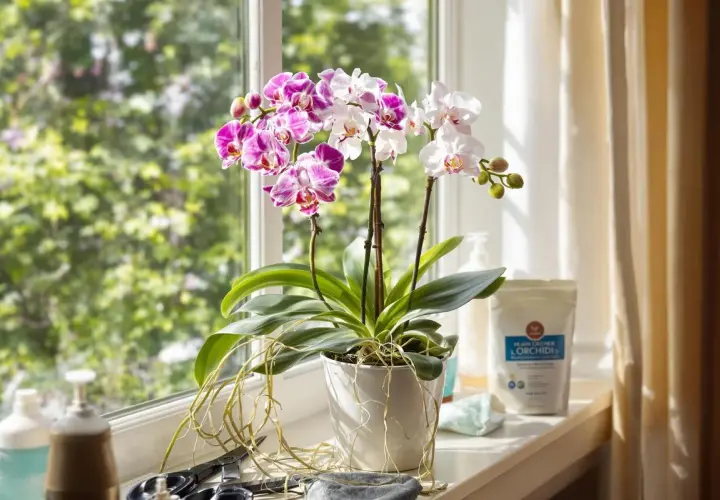 Magnifique floraison d'orchidées aux pétales roses et blancs, posées sur un rebord de fenêtre ensoleillé.