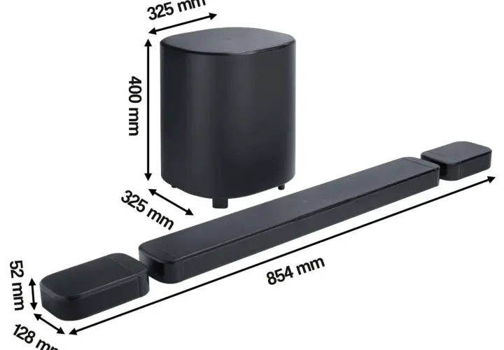 Soundbar JBL z subwooferem i bocznymi głośnikami. Wymiary: 854 mm (soundbar), 325x400 mm (subwoofer), 128x52 mm (głośniki boczne). Dowiedz się, jak podłączyć soundbar JBL do TV.
