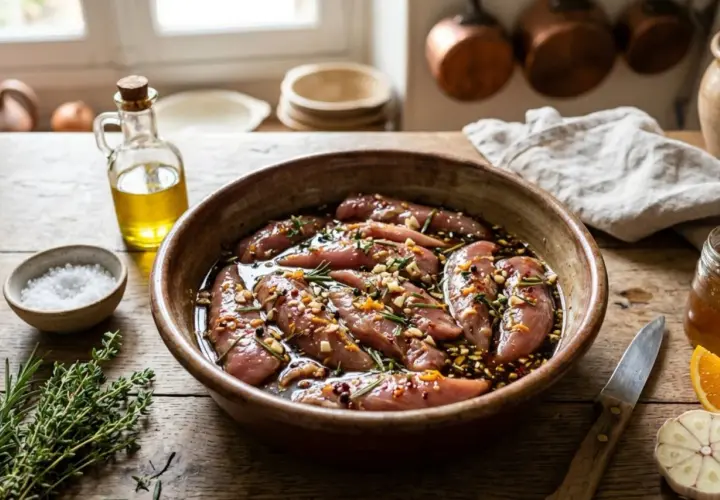 Aiguillettes de canard marinant dans un plat en terre cuite, entourées d'herbes, d'épices, d'huile d'olive et d'une tranche d'orange.