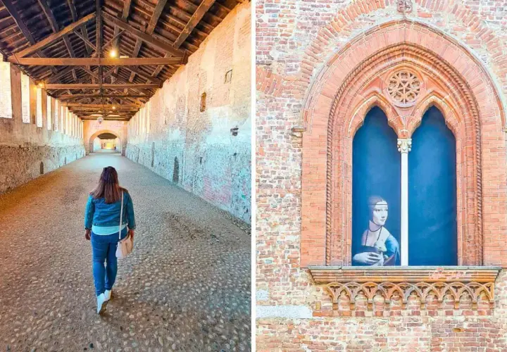 Un giorno a Vigevano: una donna cammina sotto i portici del castello, mentre una finestra mostra un ritratto rinascimentale.