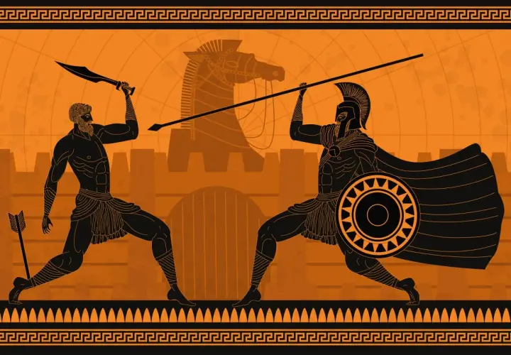 Due guerrieri in stile antico si affrontano. Uno con spada, l'altro con lancia. Forse uno di loro era Achille, l'eroe invincibile.