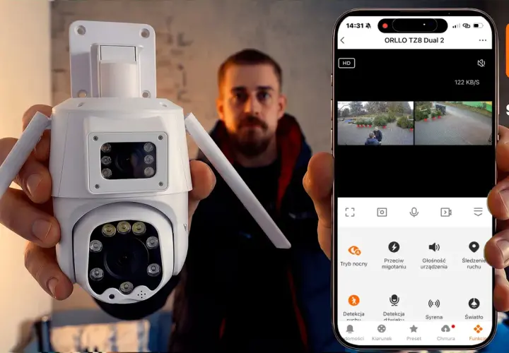 Mężczyzna prezentuje kamerę ORLLO TZ8 Dual 2 i jej aplikację do kamery samochodowej wifi na smartfonie.