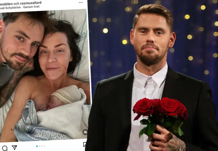 Rasmus Allards nya liv som pappa. Till vänster en bild på honom med nyfödda barnet och partnern. Till höger en bild på Rasmus som bachelor med rosor.
