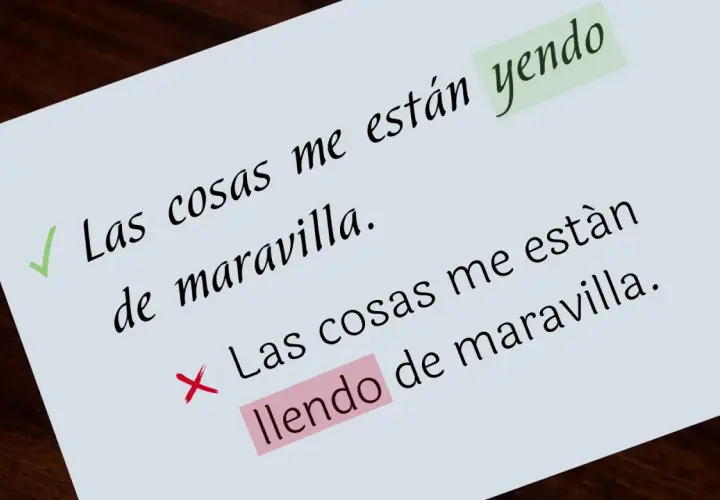 Corrección de texto: "Las cosas me están yendo de maravilla" es correcto. "Llendo" es un error común.