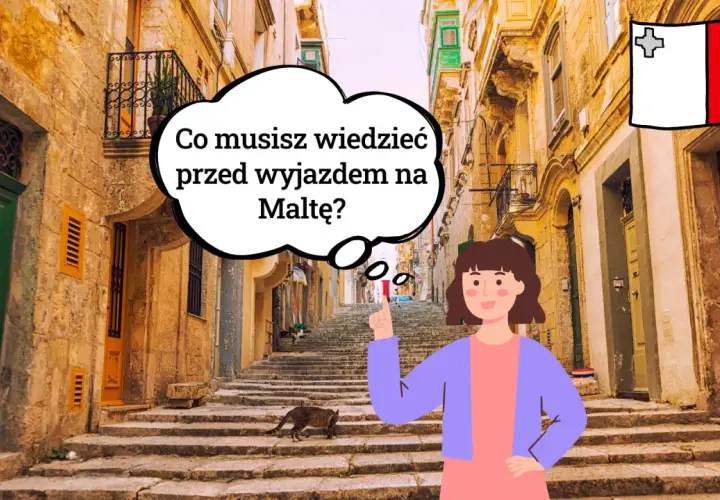 Ilustracja z flagą Malty, schodami i postacią wskazującą na chmurkę z tekstem.