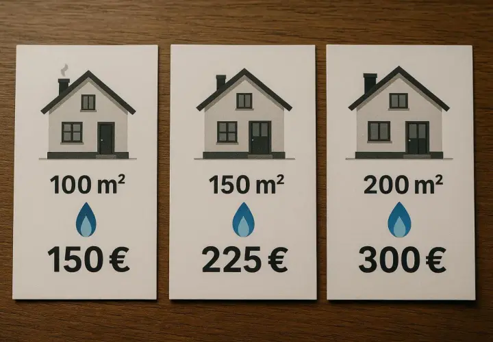 Szacowane roczne zużycie gazu w domu 100m² to 150€. Obok przykłady dla 150m² i 200m².