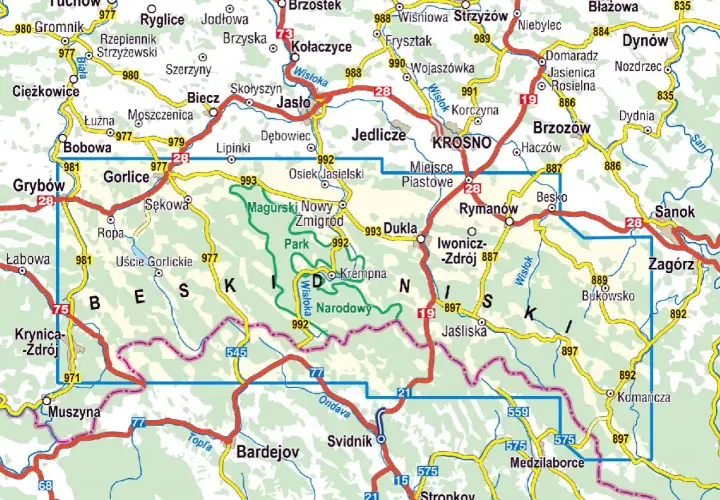 Mapa przedstawia **Beskid Niski atrakcje**: szlaki, miejscowości jak Gorlice, Krosno, Sanok, Dukla, Magurski Park Narodowy.