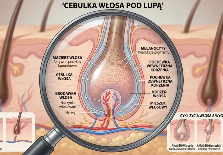 Szczegółowy przekrój przez cebulkę włosa pod lupą, ukazujący jej budowę i cykl życia. Widoczna macierz włosa, brodawka z naczyniami i nerwami, a także mieszki i pochewki.
