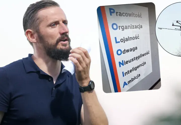 Mężczyzna z zarostem, trzymający białą chusteczkę, obok tablicy z hasłami "POLONIA" i latający dron. Trzeba być odważnym po polsku!