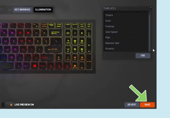 Clavier gamer aux touches lumineuses changeant de couleur. Le logiciel propose des thèmes d'illumination, comme "Rainbow Split", pour un clavier spirit of gamer.