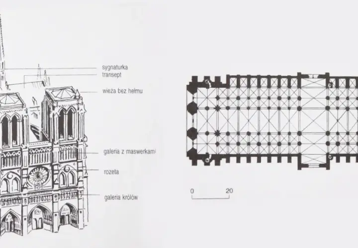 Rysunek Notre-Dame z widokiem fasady i planem kościoła.