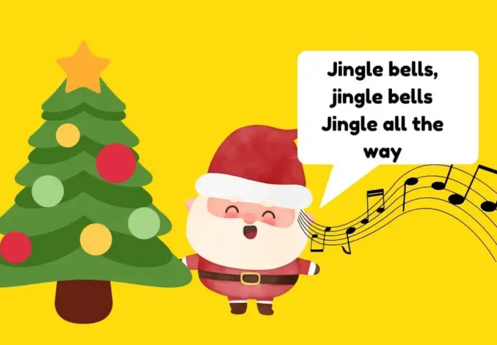 Święty Mikołaj śpiewa "Jingle Bells", jeden z popularnych piosenek świątecznych po angielsku. Obok choinka i nuty.