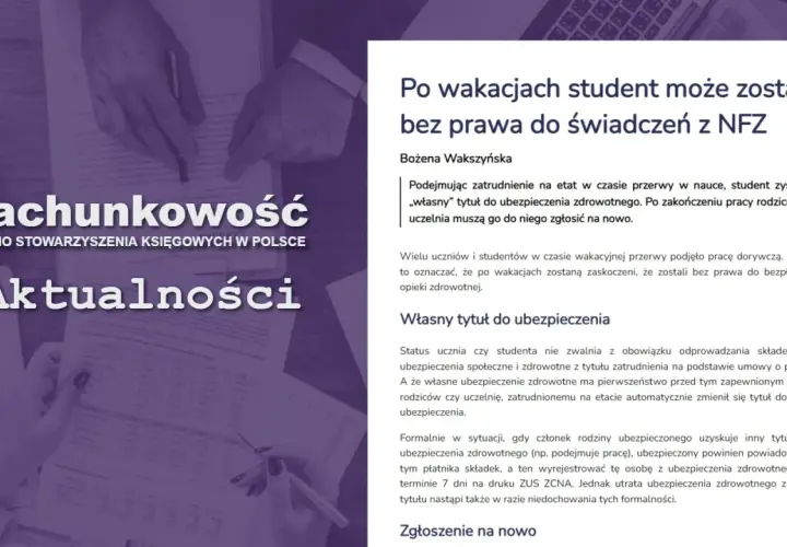 Dłoń pisząca długopisem nad dokumentami, filiżanka kawy i tekst "rachunkowość Aktualności".
