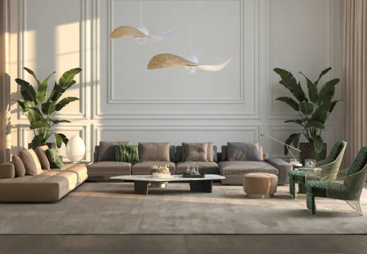 Eleganckie oświetlenie wysokiego salonu podkreśla nowoczesny design z sofami, roślinami i stylowymi lampami.
