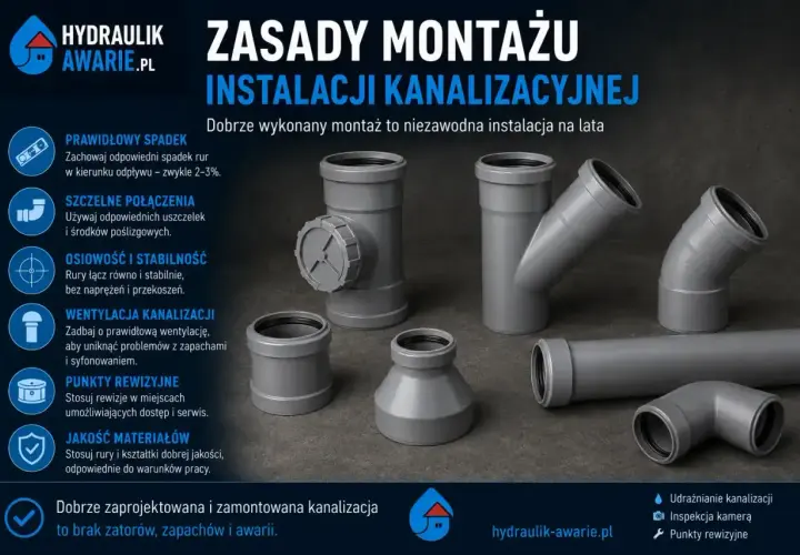 Elementy instalacji kanalizacyjnej, w tym rury i kształtki, gotowe do montażu. Kluczowe zasady montażu, jak spadek, szczelność i jakość materiałów, zapewniają bezawaryjne działanie systemu.